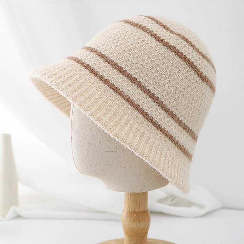 Autumn and winter warm bucket hat women's niche retro striped splicing basin hat women's wool knitted fisherman hat