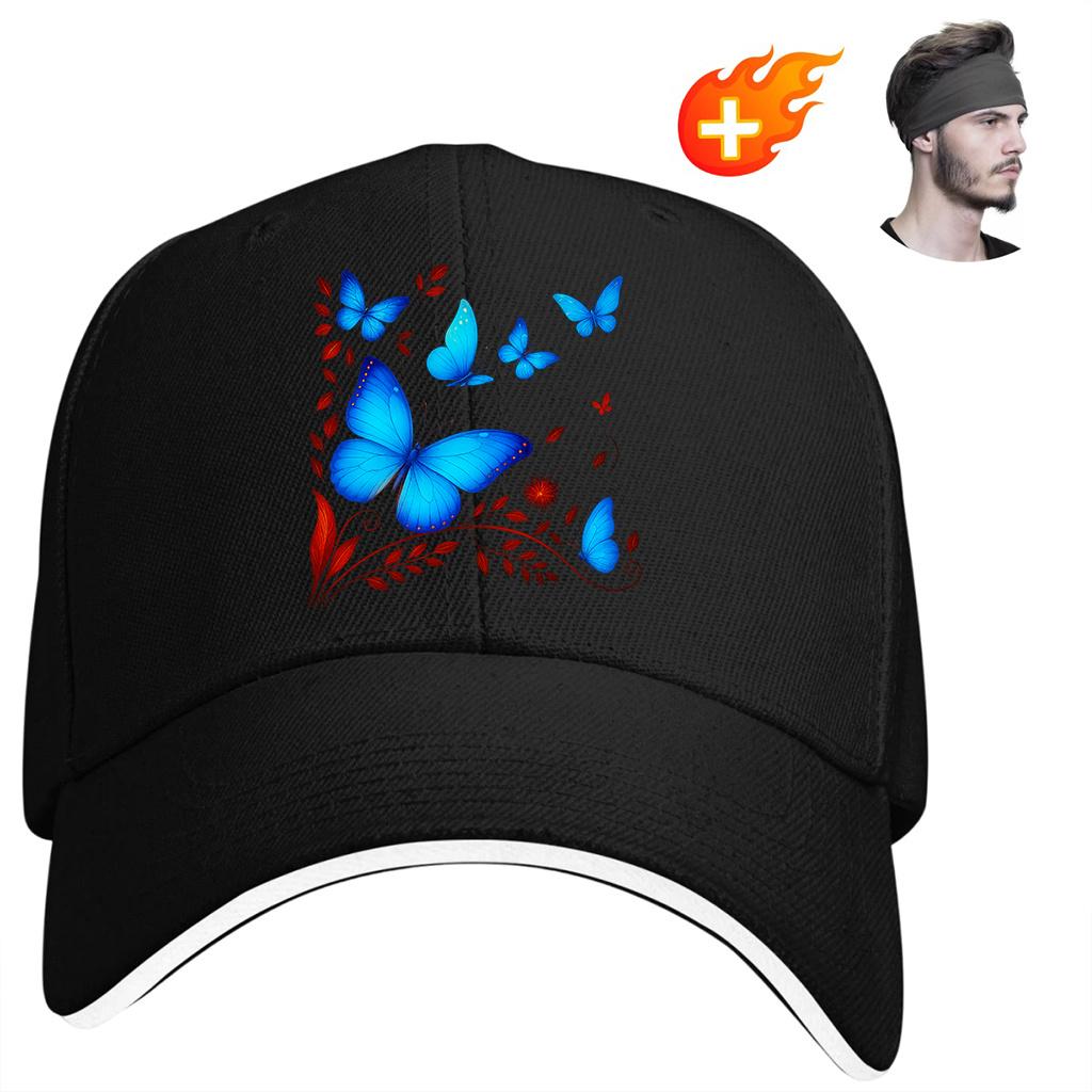Blue Butterfly Floral Print Baseball Cap Adjustable Polyester Casual Dad Hat for Unisex Adults