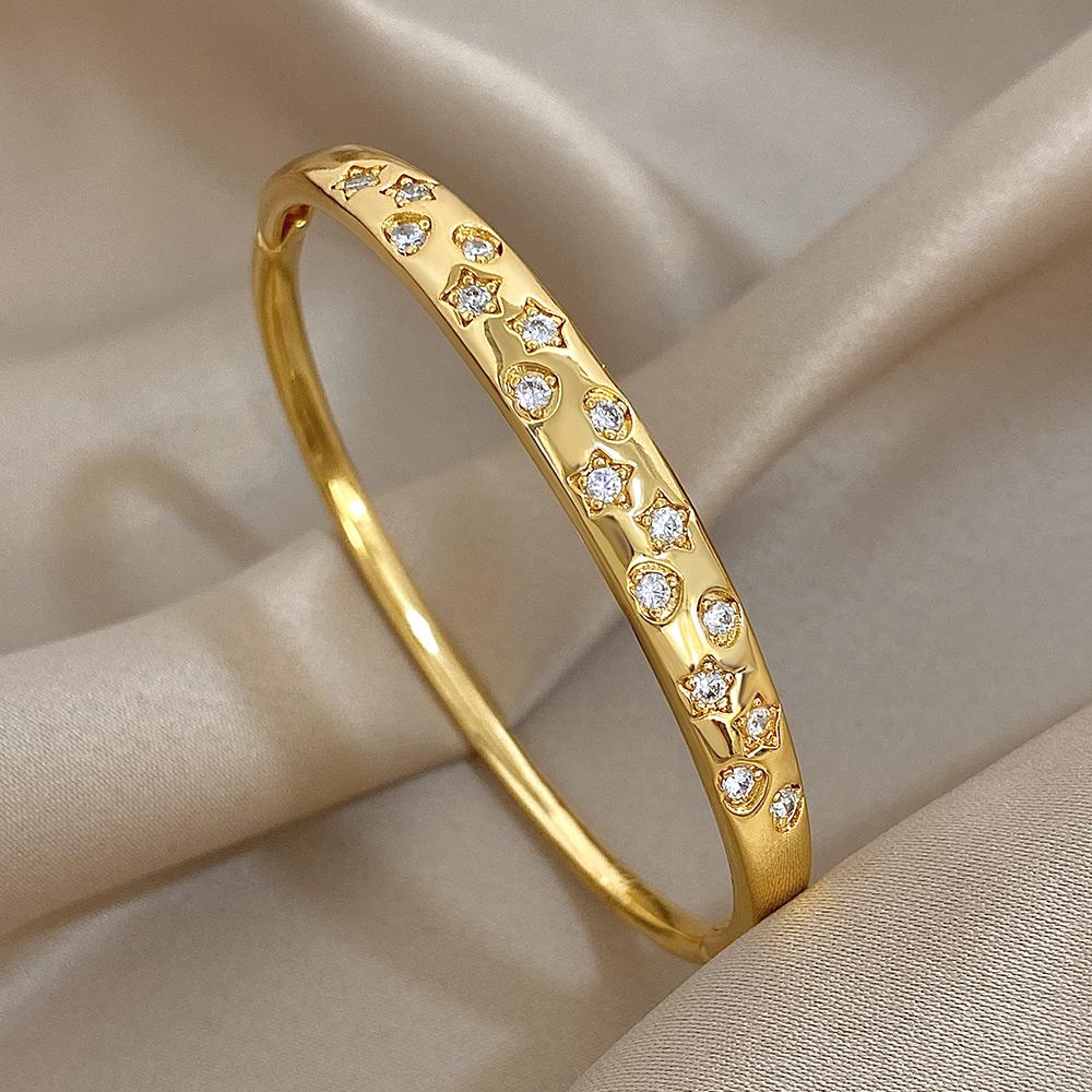 Flashbuy Gold Color Chic Inlaid Zircon Copper Bangle Bracelet For Women Statement New Design Temperament Wrist Fashion Zircon