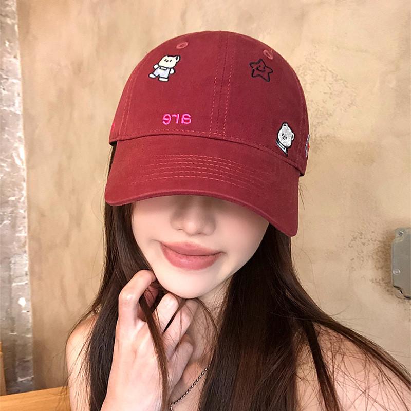 Korean Style Soft Top Baseball Hat With Bear And Letter Embroidery Design For Sunshade And Breathability