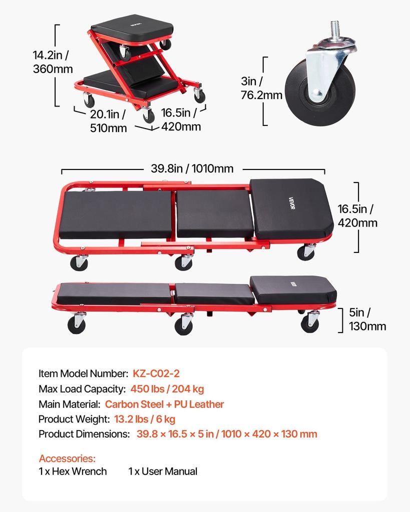 1010mm 2-in-1 Folding Mechanic Creeper, Z Creeper Seat & Under Car Garage Roller, 204 kg Rolling Creeper Stool with 6 Swivel Casters, Padded Headrest