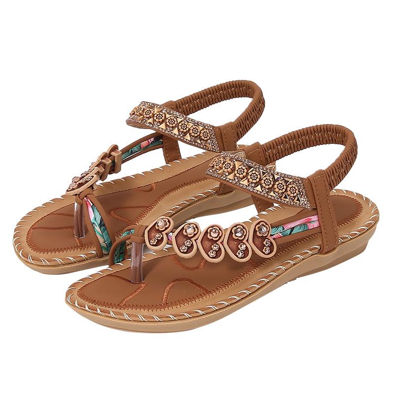 2025 новые босоножки в стиле бохо женские летние стразы ночные плоские подошвы с круглым носком обхватывающие ноги открытые носки классные