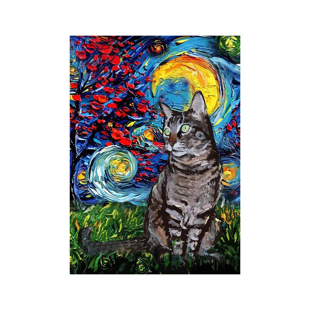 Abstract Van Gogh Starry Night Cat Poster Print Canvas Painting Cute Animal Wall Art For Living Room Home Decoration Cuadros