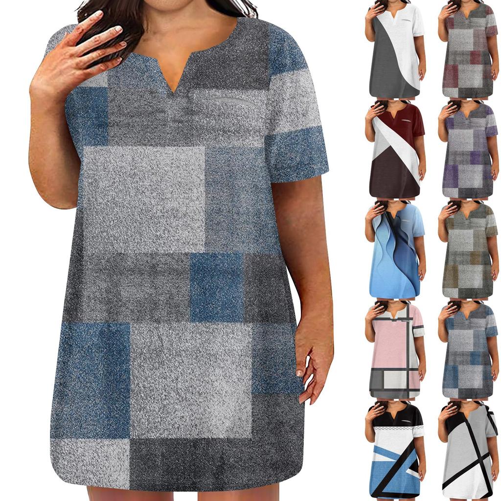 Womens Plus Size Dresses V Neck Short Sleeve Summer Casual Solid Dress Tunic With Pocket