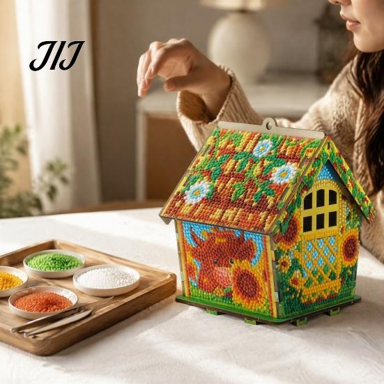Handmade Desktop Crafts 3D Christmas House Rhinestone Painting Kit, DIY Wooden Sunflower Hut Craft Set Cabin, Handicraft Arts Ornament for Decoration