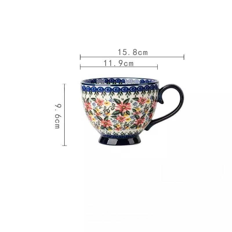 Расписанная вручную керамическая суповая миска с подносом для закусок, винтажный цветочный рельефный дизайн, можно использовать в микроволновой печи, большая ручка и толстое дно, идеально подходит для хлопьев, орехов