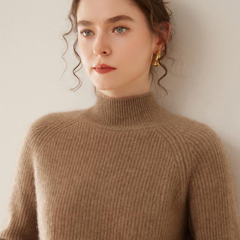 2024 Women's Autumn/Winter High Neck Seven-Needle Ribbed Cashmere Raglan Sweater