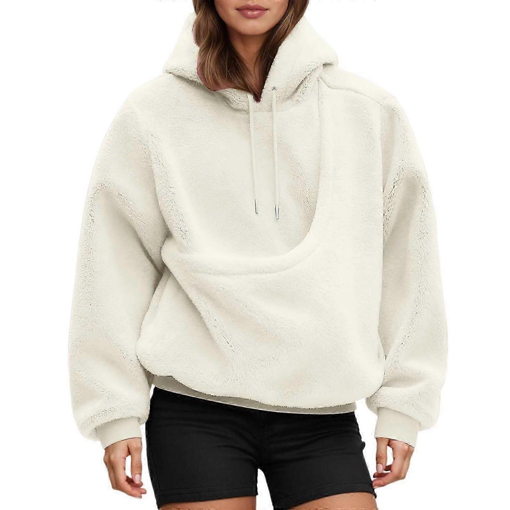 Women Fleece Sweatshirt with Pet Carriers Pouch Long Sleeve Solid Color Hoodies Oversized Loose Pullover Top Streetwear White XXL