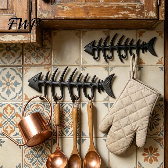 Heavy Duty Cast Iron Hooks Fish Bones Wall Mounted Towel Rack, Stylish Hanger with 4 Hook for Towels Robes, Waterproof Rust-Resistant Nautical Home &