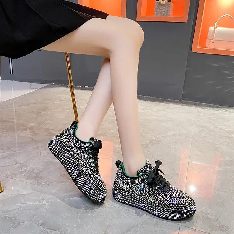 SyfIyno New Lolita Platform Shoes Woman Autumn Silver Black Rhinestones Thick-soled Shining Crystal Sneakers Trend Casual Shoes