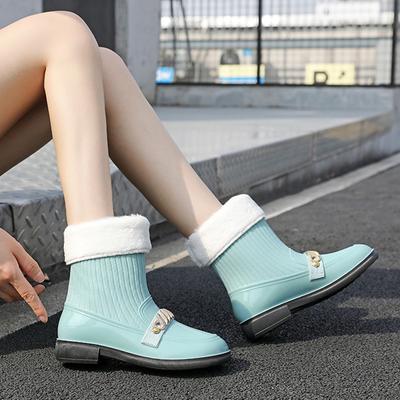 Новые женские резиновые сапоги с толстой подошвой, квадратным корнем, металлическим украшением, модные тенденции, водонепроницаемые, нескользящие, хлопковые, теплые, рабочие резиновые сапоги