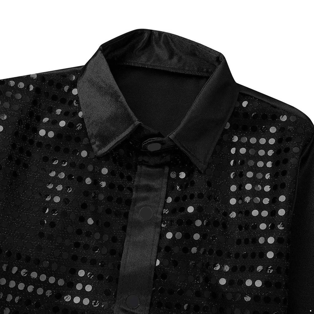 Boys Sequined Long Sleeve Spread Collar Shirt Elastic Waistband Flared Pants Jazz Outfit