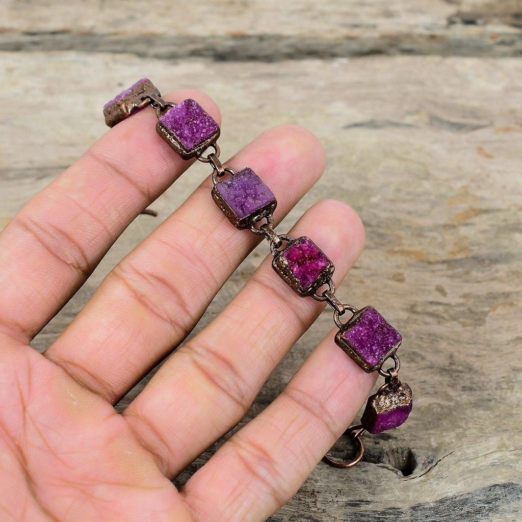 Розовый браслет с друзами, гальванический медный браслет, регулируемый браслет-цепочка, гальванический браслет, ювелирные изделия ручной работы, браслет из драгоценных камней, подарок для мамы