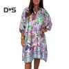 Женское платье больших размеров в стиле бохо с цветочным принтом, короткими рукавами, застежкой на пуговицы, V-образным вырезом, летнее повседневное платье-рубашка длиной до колена