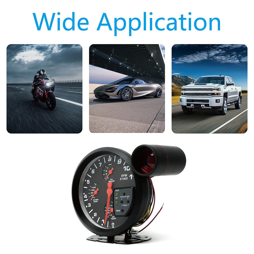 12V 5" Car Gauge 4-in-1 Tachometer Water Temperature Oil Temperature Oil Pressure Gauges Multifunctional Gauge Alarm Function