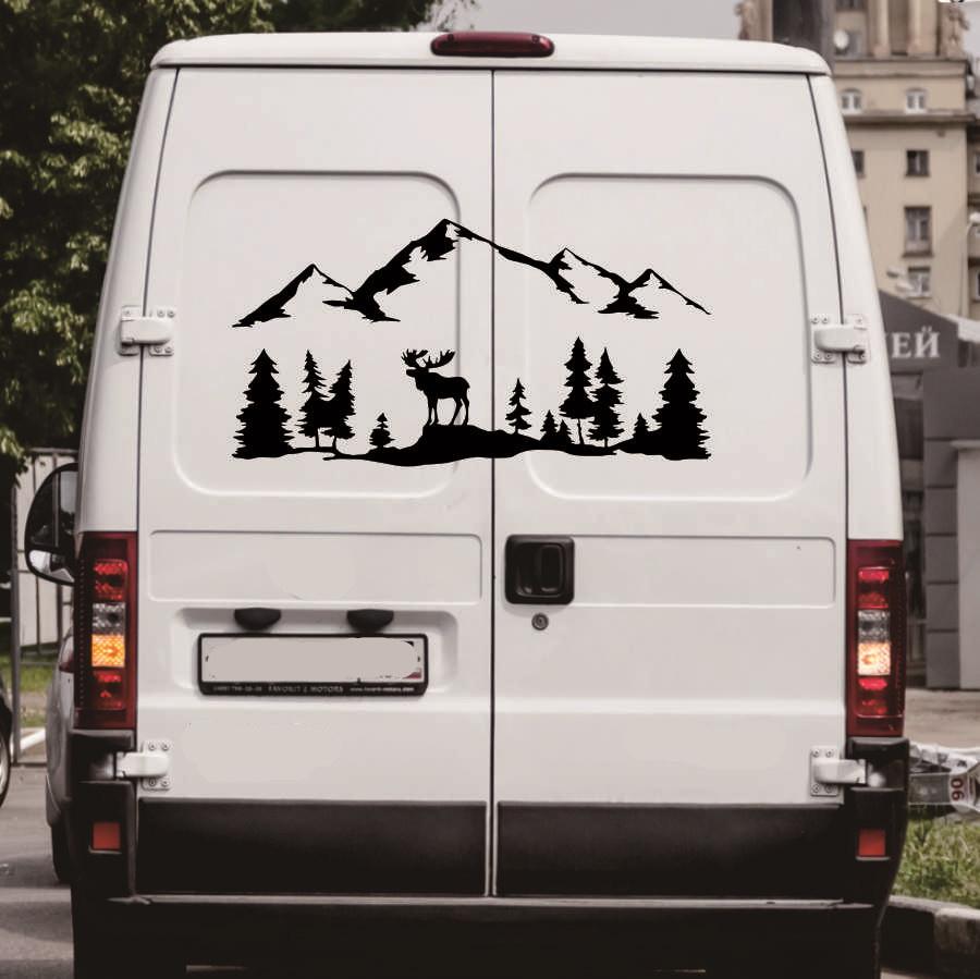 Для внедорожника, дома на колесах, кемпера, внедорожника, лось, деревья, лес, горы, виниловая художественная наклейка, декор автомобиля, наклейки для улицы, для походов, украшение