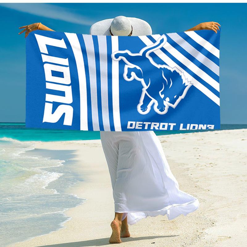 proof beach towel with Detroit Lions logo pattern - soft,absorbent,quick-drying,machine washable - perfect for swimming,camping,bathing
