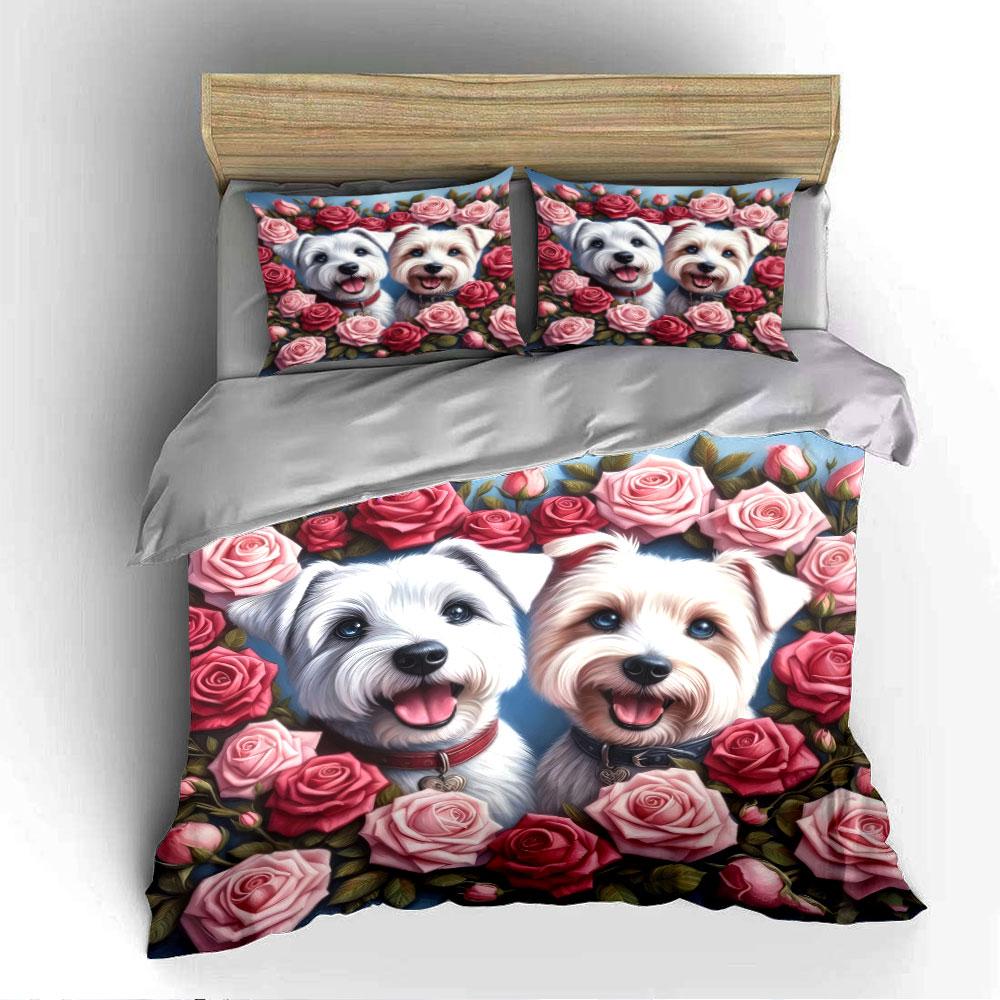 Cute Dogs with Pink Roses Bedding Duvet Cover Set (1*Duvet Cover 2*Pillowcases, without duvet insert)