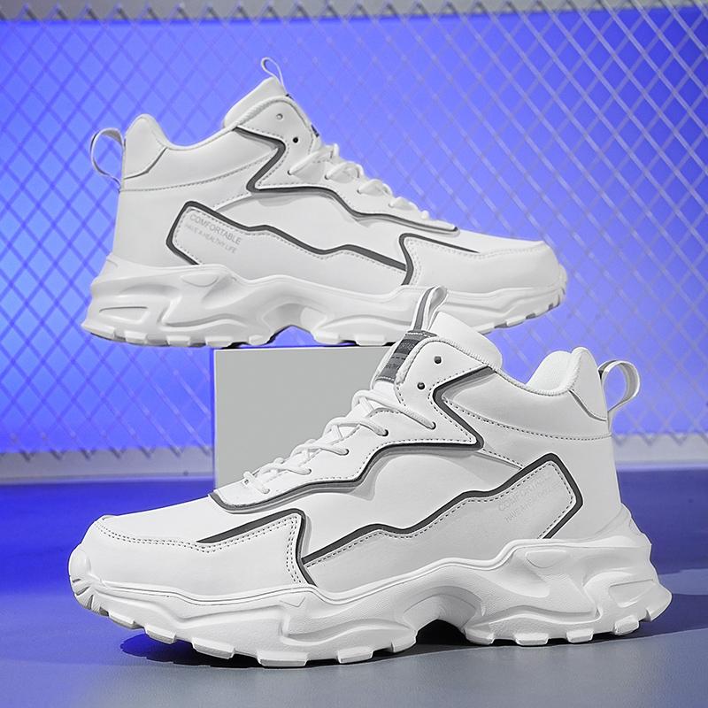 High Top Men's Shoes New Trendy Shoes Thick Soled Height Increasing Shoes Breathable Sports and Leisure Black Shoes White Shoe