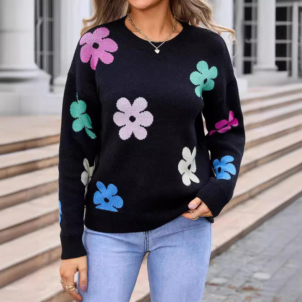 Women's Autumn and Winter Floral Colour Block Crew Neck Knitted Sweater