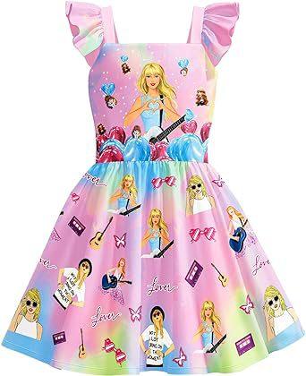 Girls Dreamy Ruffled Sleeve Round Neck Dress with Ethereal 3D Print