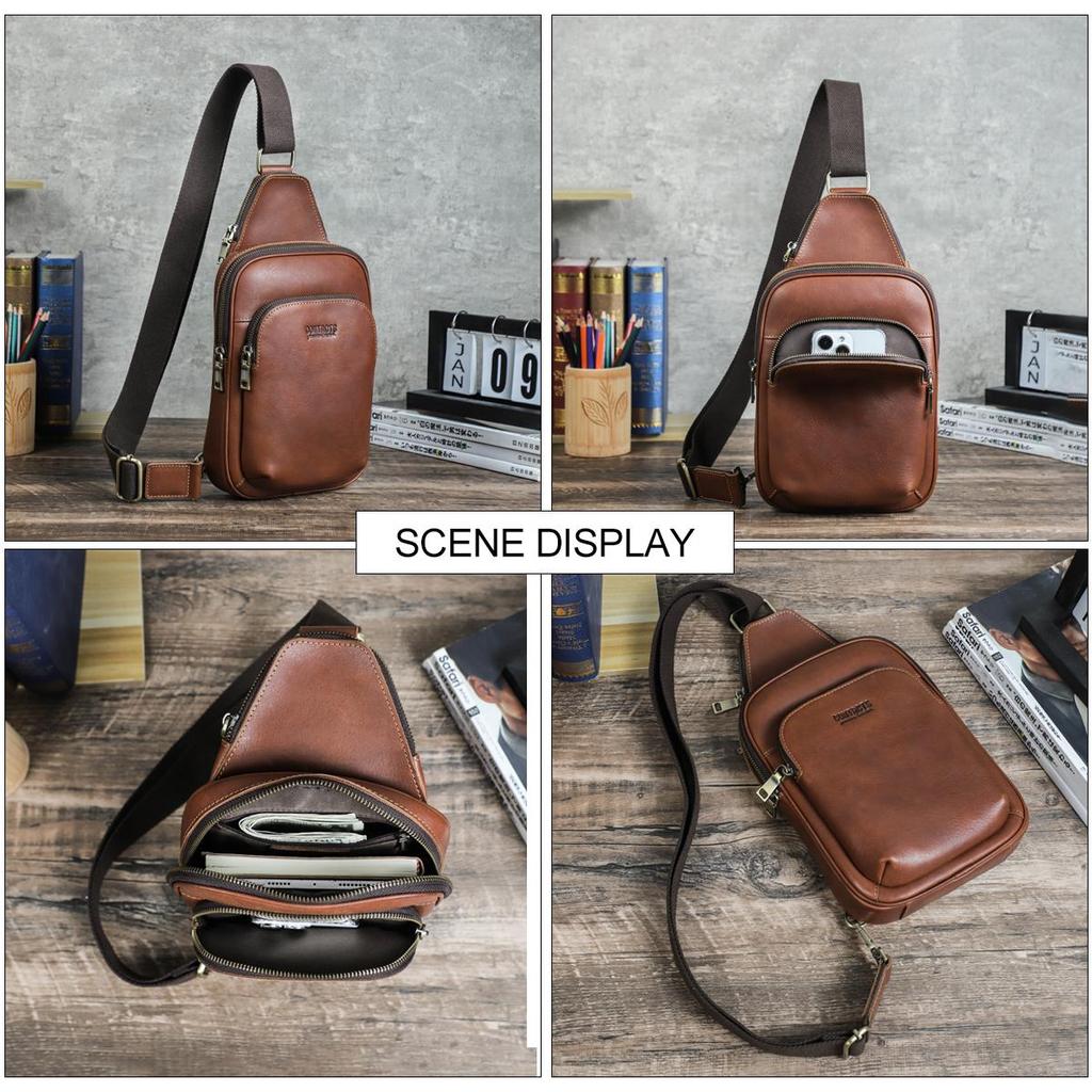 CONTACT'S Genuine Leather Chest Bag Casual Crossbody Bag Travel Shoulder Backpack Men's Leather Multifunctional Bag
