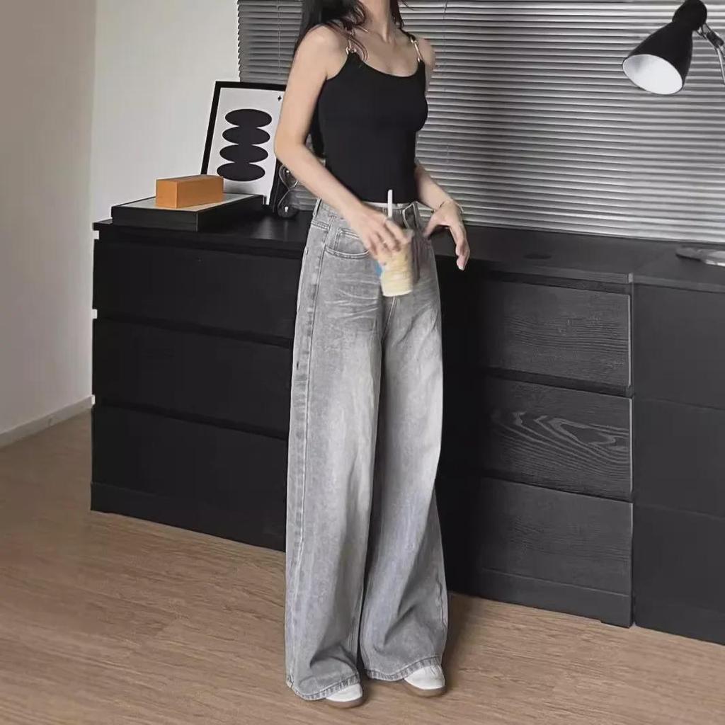 Женские серые джинсы с высокой талией и широкими штанинами 2024 года — новые свободные прямые брюки в стиле ретро-весны