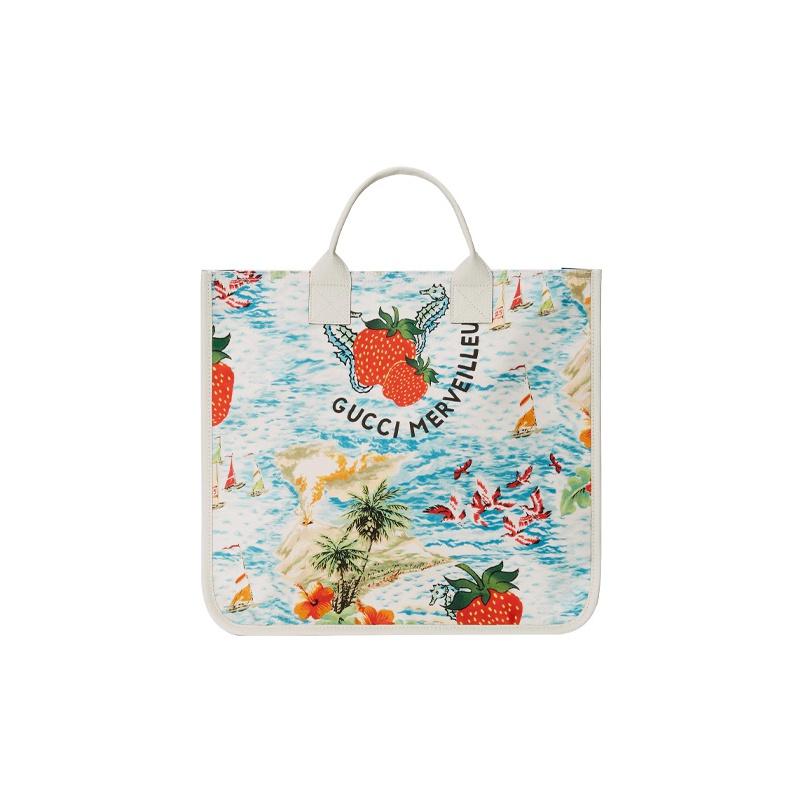 Gucci Merveilleuse Strawberry Print Canvas Top Handle Tote Bag For Unisex Daily Use
