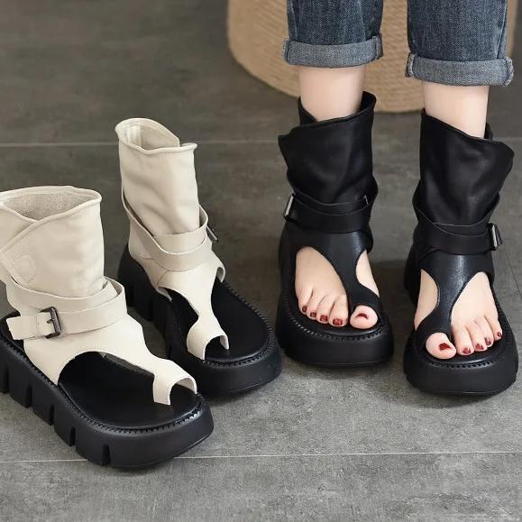 Johnature Peep Toed Thick Soled Women's Sandals Genuine Leather Belt Buckle Roman Platform Shoes