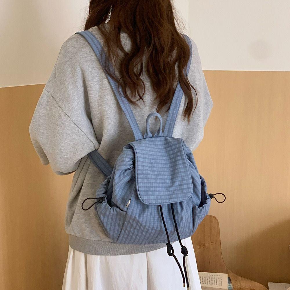 Korean Drawstring Backpacks Solid Color Student Schoolbag Stylish Plaid Nylon Backpacks Men Women