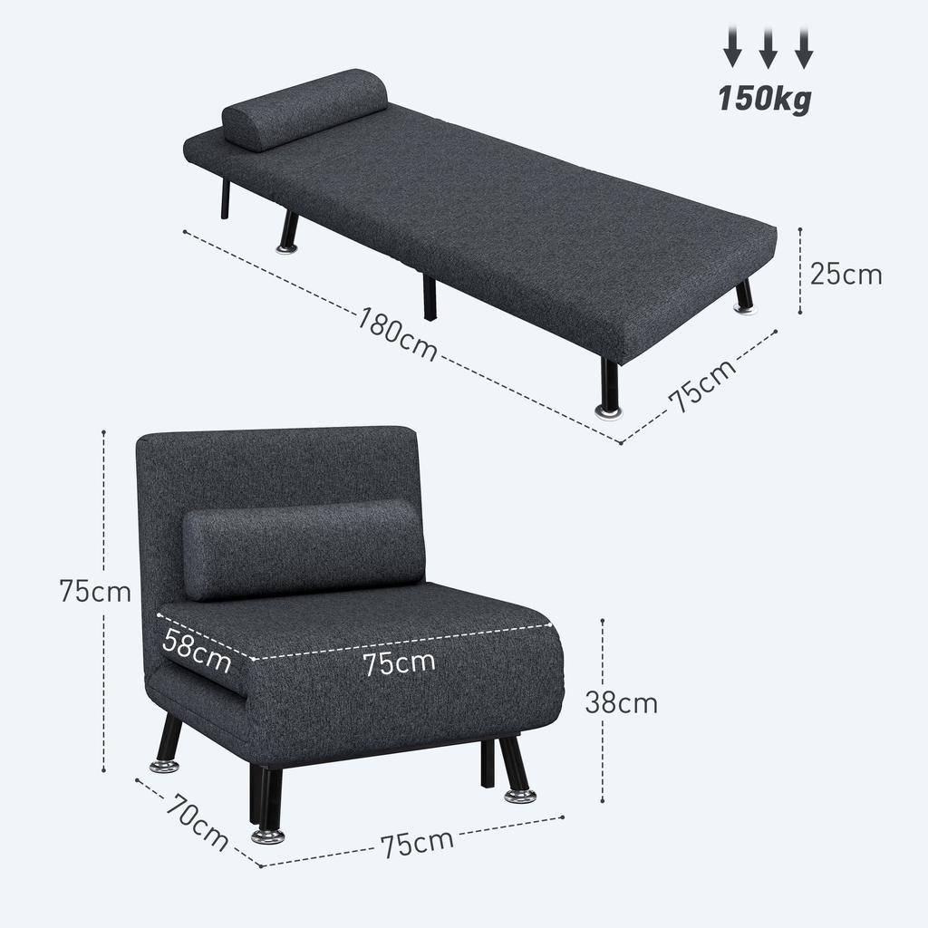 3-in-1 Sofa Bed Armchair with Adjustable Backrest and Cushion, in Linen-Effect Fabric and Steel, Dark Grey