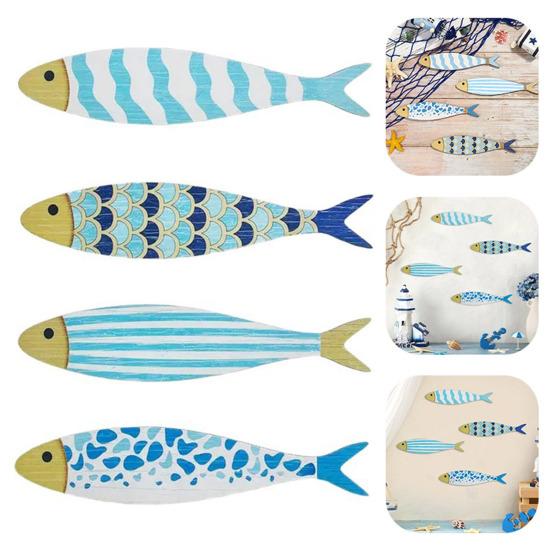 4 Pcs Wooden Fish Wall Decor Nautical Coastal Wall Art Blue Fish Wall Sculpture Lake House Hanging Decor for Bathroom Bedroom