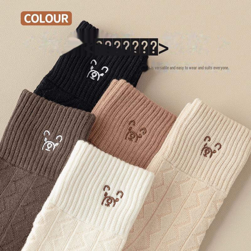 Женские утолщенные махровые носки - теплые носки средней длины с рисунком медведя из мультфильма в японском стиле для осени и зимы