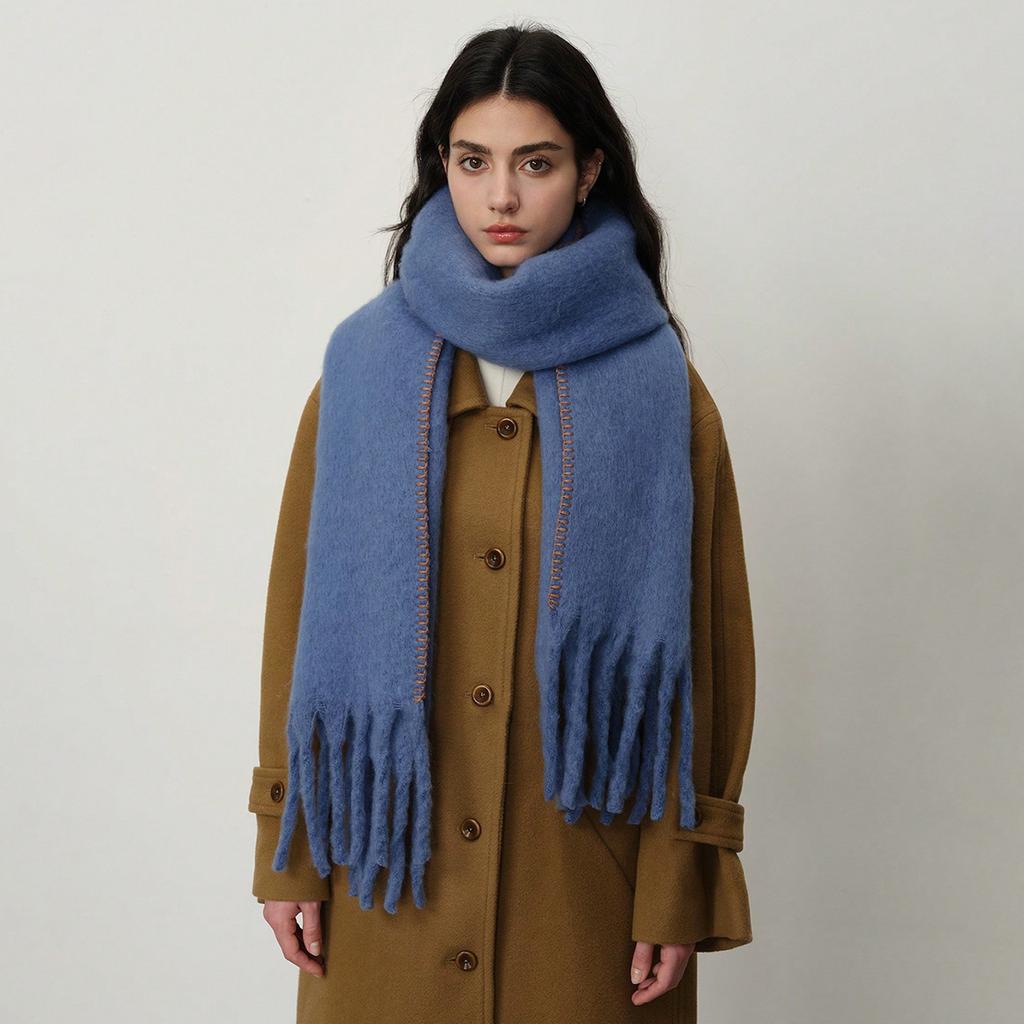 Versatile Plus Thickened Imitation Cashmere Solid Color Hemming Fringed Scarf Women's Winter Shawl