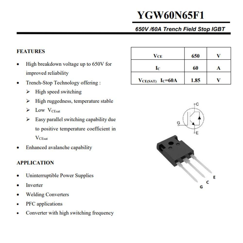 Обычно используемый YGW40N65F1 сварочный аппарат Аксессуар IGBT инвертор МОП полевой эффект трубки YGW60N65F1