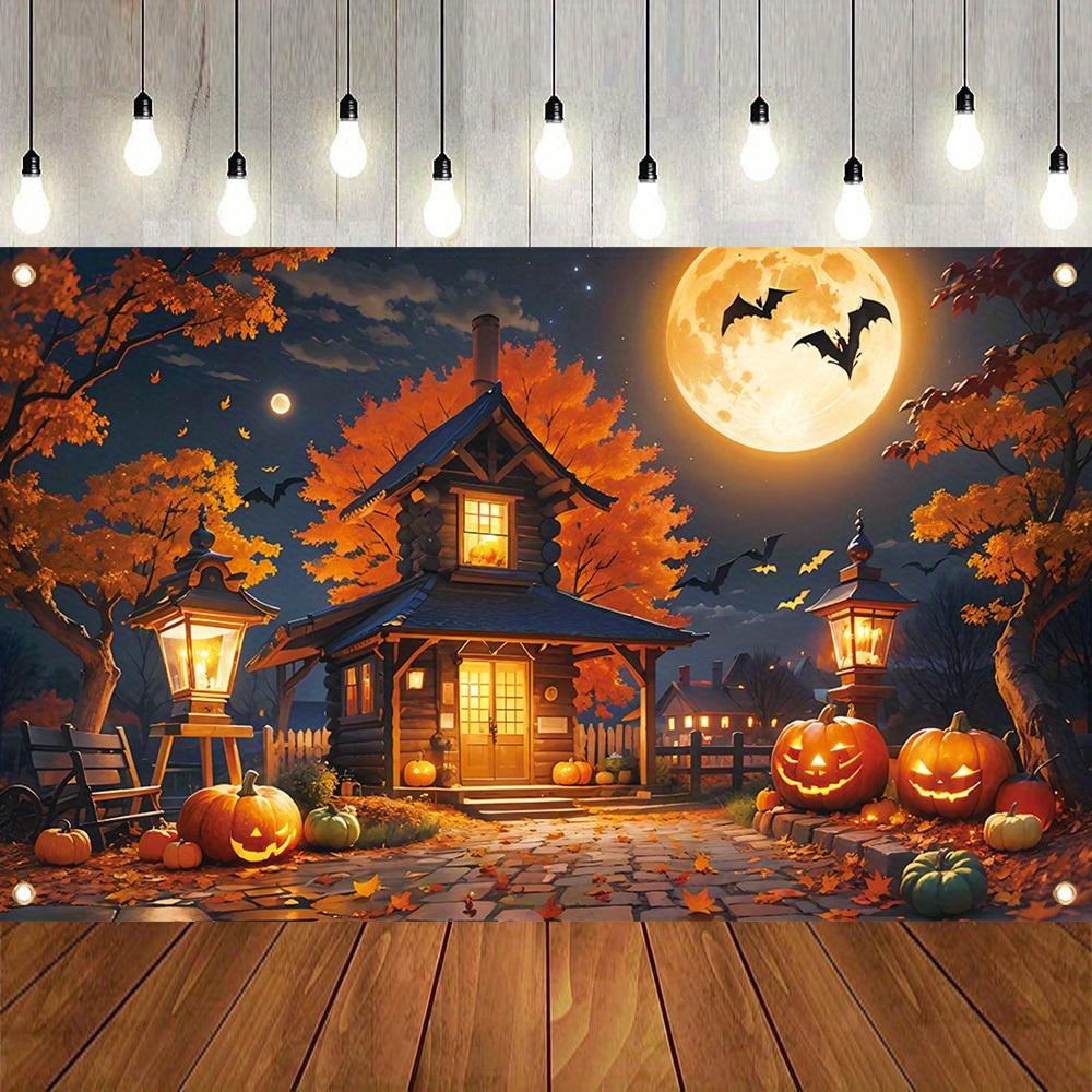 Halloween decoration banner, polyester, with a spooky pumpkin lantern background beneath a full moon