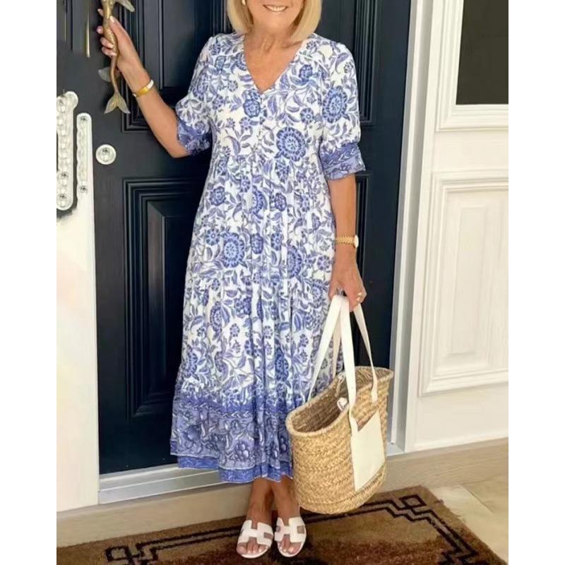 Женское пляжное платье для отпуска на море, супер фея, V-образный вырез, цветочный принт, свободное, универсальное, длинная юбка, большой размер