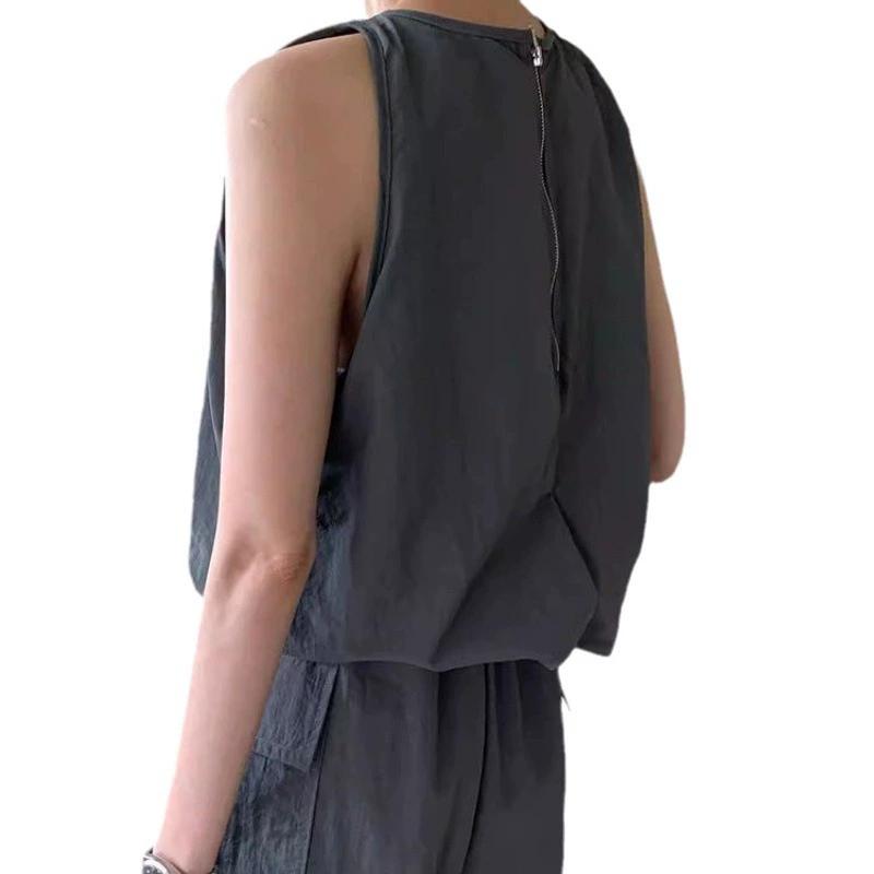 Summer Women Solid Color Casual 2 Piece Sets Zipper Sleeveless Vest Shirt +Elastic Waist Shorts Skirt Set Office Women Outfits