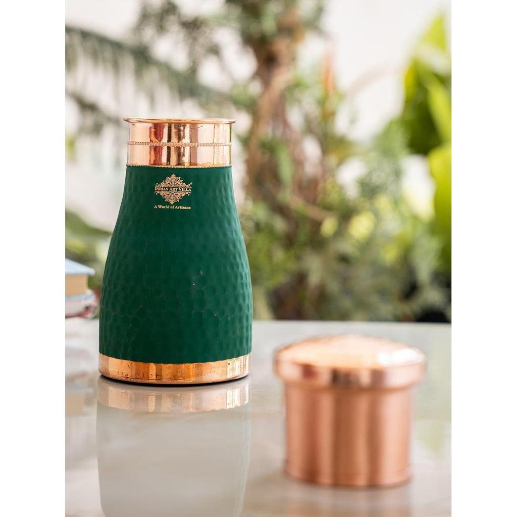 Pure Copper Bedroom Water Bottle with Inbuilt Glass, Green Silk Finish Hammered Design, Drinkware & Storage Purpose