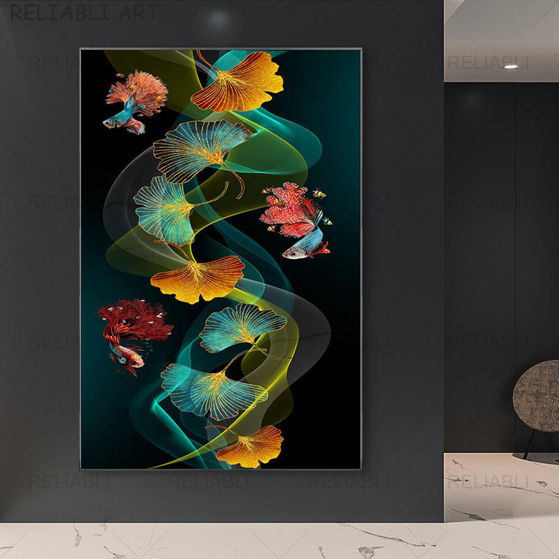 Абстрактные красочные принты с листьями гинкго билоба, современная картина на холсте, HD настенный художественный постер для гостиной, галереи, украшение для дома