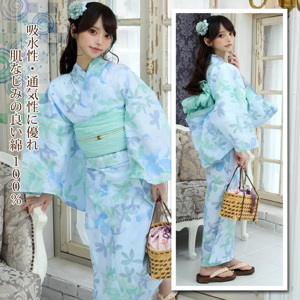 RAVIR Yukata Light Blue with Abstract Floral Fluffy Obi and Geta One Size Fits All Women's 3-Piece Set, Pattern, Belt, Sandals,