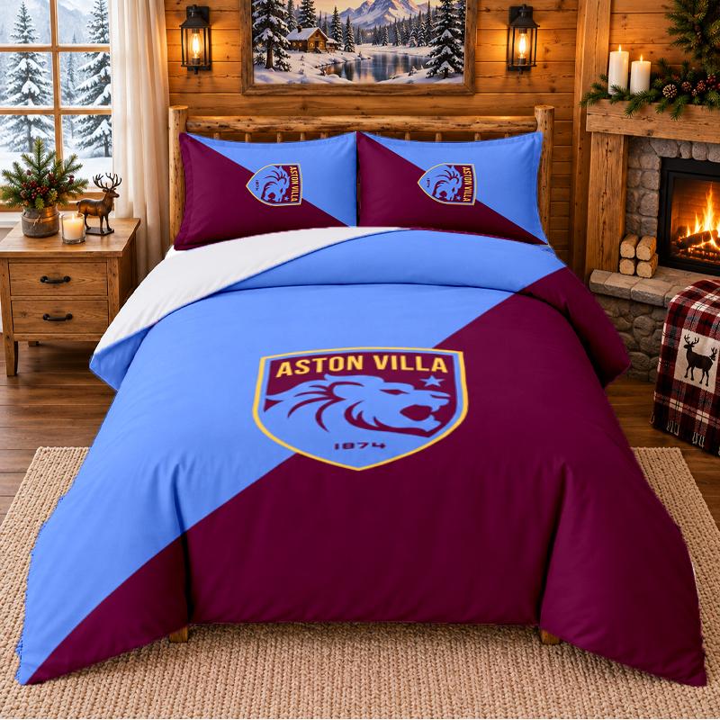 Printed 3Pcs Bedding Set Aston Villa Football Pattern Bed Sheet Pillowcase For Bedroom Decor