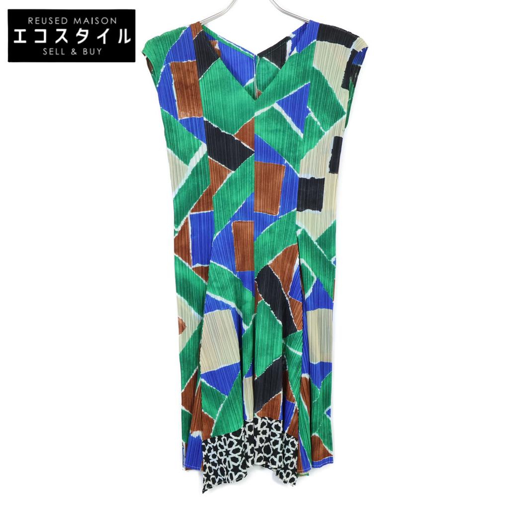 PLEATS PLEASE PP51-JH642 15Stainless Steel Green x Blue Geometric Print One-Piece dress 3 greenUsed
