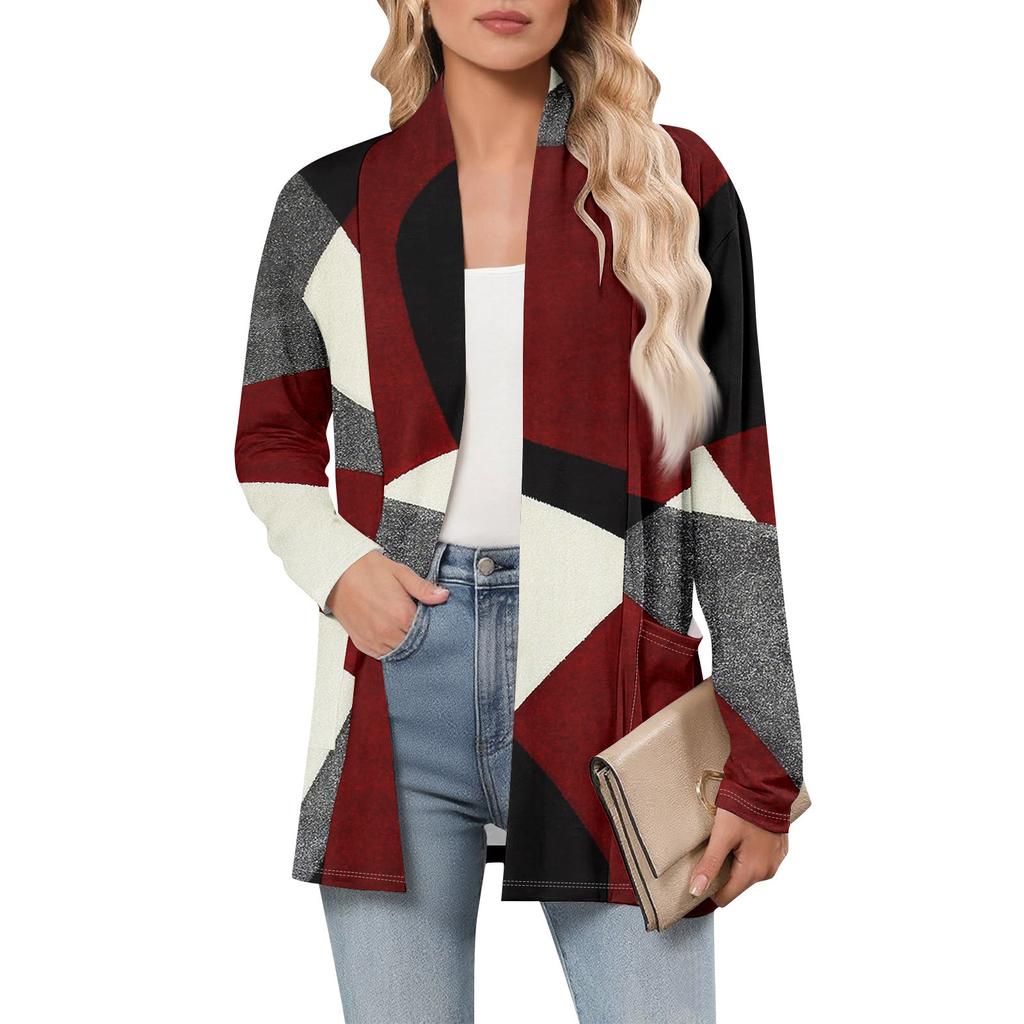 Женский кардиган с длинным рукавом, V-образным вырезом, модная рубашка с принтом, легкий, повседневный, свободный, тонкий кардиган с карманами