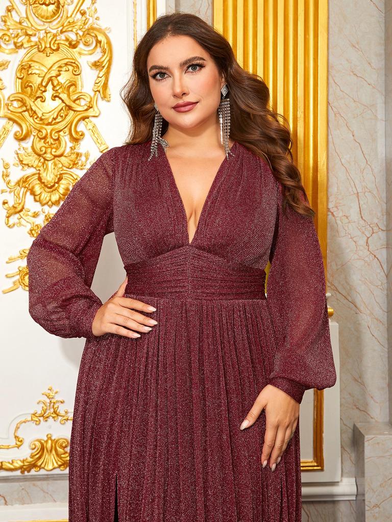Plus Size Women's Deep V-Neck Lantern Sleeve Evening Gown with Slit - FMGN1043