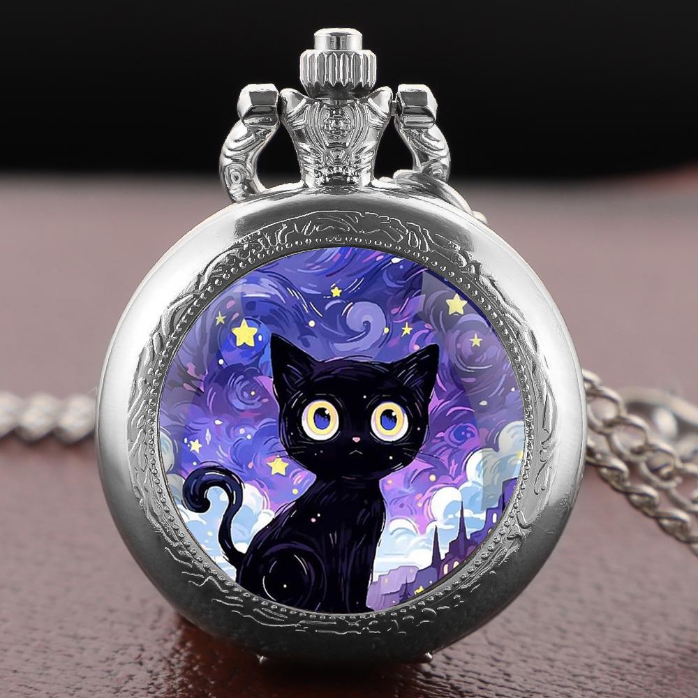 Черный Кот Под Звездами Карманные Часы Винтажные Женские Арабский Ожерелье Кулон Часы Мужские Часы Детские Подарки Relojes De Bolsillo