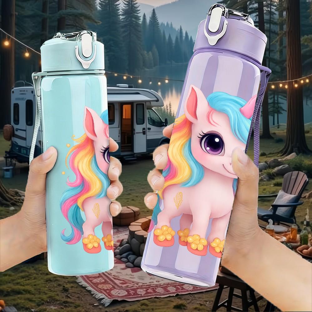 1PC Pastel Rainbow Unicorn 750ml Color Plastic Sports Water Bottle Leakproof Flip Straw Lid Suitable for Sports Office Home Use
