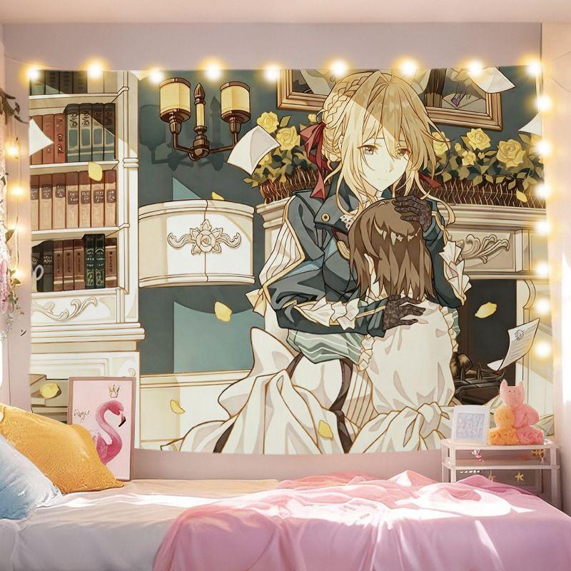 Violet Eternal Garden Cartoon Tapestry Soft Aesthetic Wall Hanging Anime Background Fabric for Bedroom Dorm Home Decor