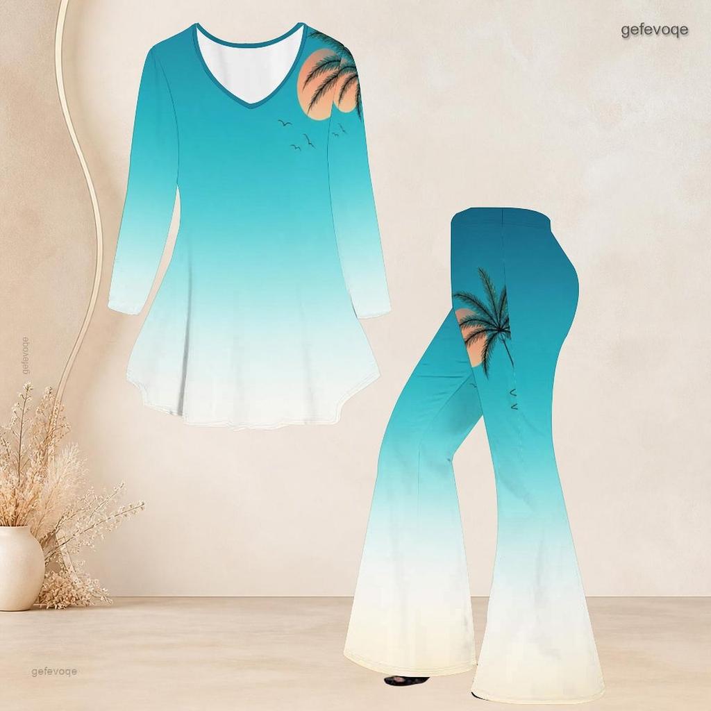 Women Plus Size Green Clover Printed Round Neck Three Quarter Sleeve Flared Top Flared Pants Two Piece Set