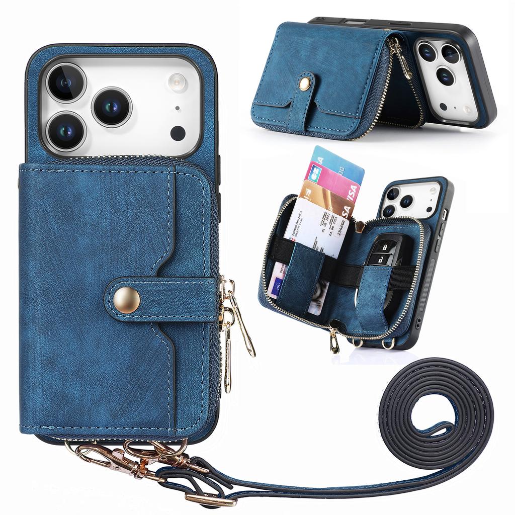 For iPhone 17 Pro PU Leather Phone Back Cover with Zipper Card Holder and Long Strap